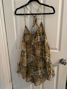 RVCA Yellow and Brown Printed Spaghetti-Strap Camisole